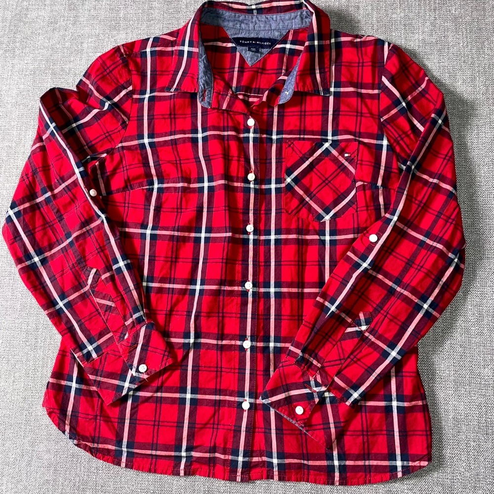 Tommy‎ Hilfiger Shirt Womens Medium Multicolor Plaid Roll Tab Sleeve Button Up